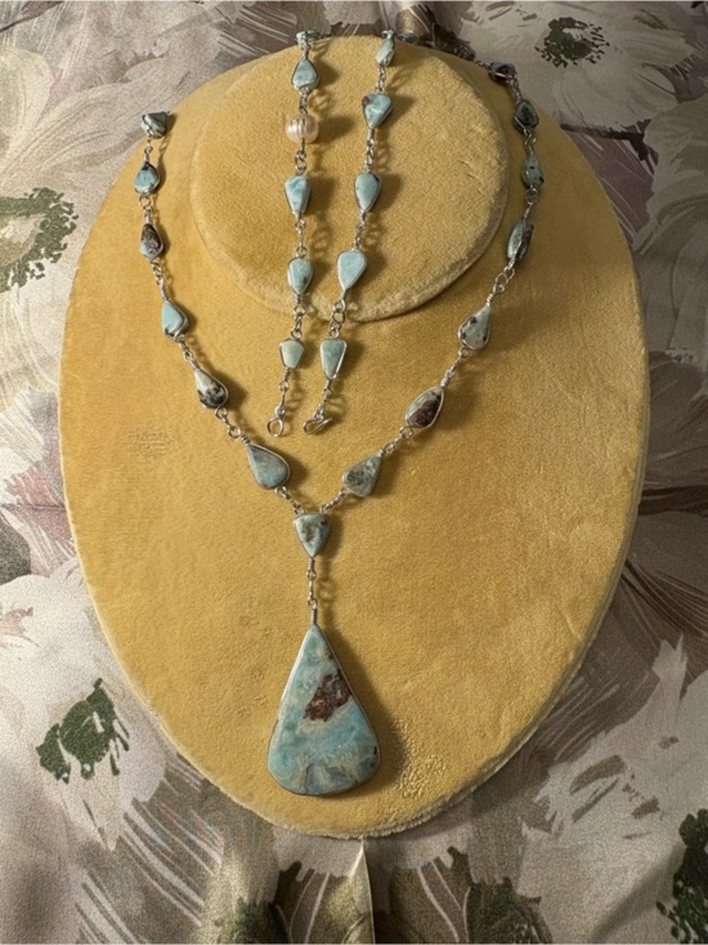 Handcrafted Larimar Teardrop Necklace with 2 Matching Bracelets